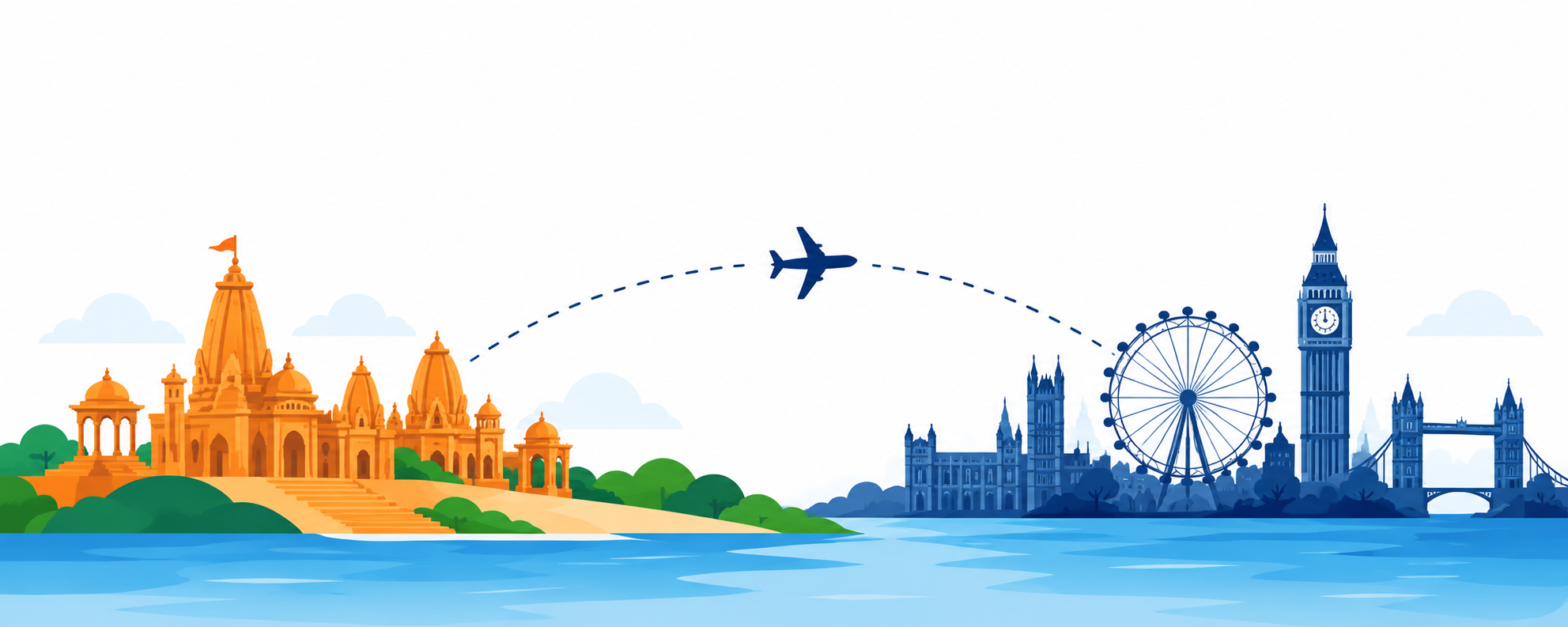 Gujarat heritage architecture and London landmarks connected by a flight path